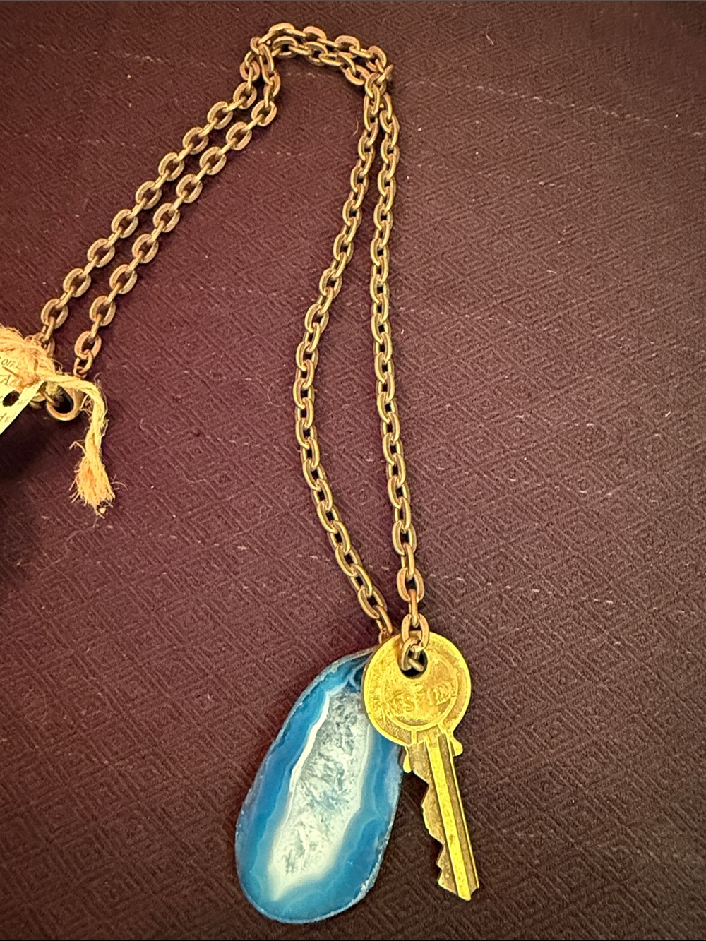 Blue Agate Slice Necklace with Gold βinspireβ Key Charm